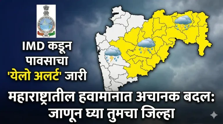 महाराष्ट्रातील हवामानाचा अंदाज आणि IMD चा पावसाचा इशारा दर्शवणारा फोटो.