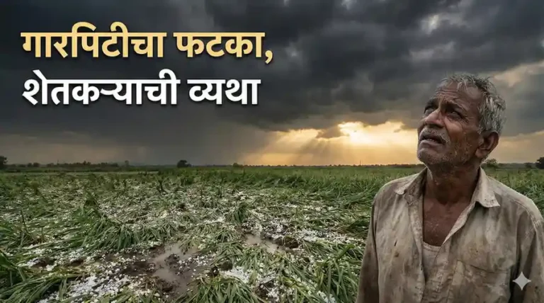 गारपिटीमुळे उद्ध्वस्त झालेले शेत आणि आकाशाकडे पाहणारा हताश शेतकरी.