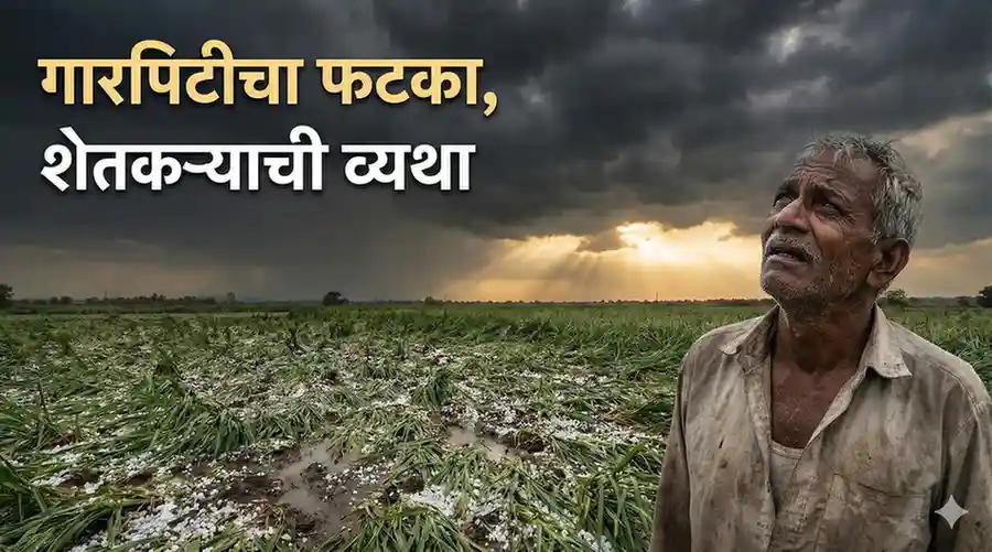 गारपिटीमुळे उद्ध्वस्त झालेले शेत आणि आकाशाकडे पाहणारा हताश शेतकरी.