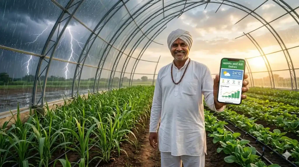 स्मार्टफोनवर क्लायमेट स्मार्ट शेती नियोजन ॲप वापरणारा हसतमुख महाराष्ट्रीयन शेतकरी आणि सुरक्षित शेती.