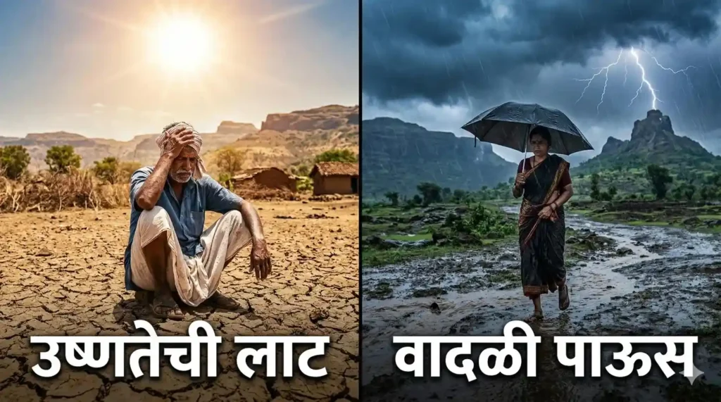 महाराष्ट्रातील हवामानाचा विरोधाभास: एका बाजूला कडक ऊन आणि दुसऱ्या बाजूला वादळी पाऊस दर्शवणारे नाट्यमय चित्र. (हे गुगलला फोटो कशाबद्दल आहे ते समजण्यास मदत करते).
