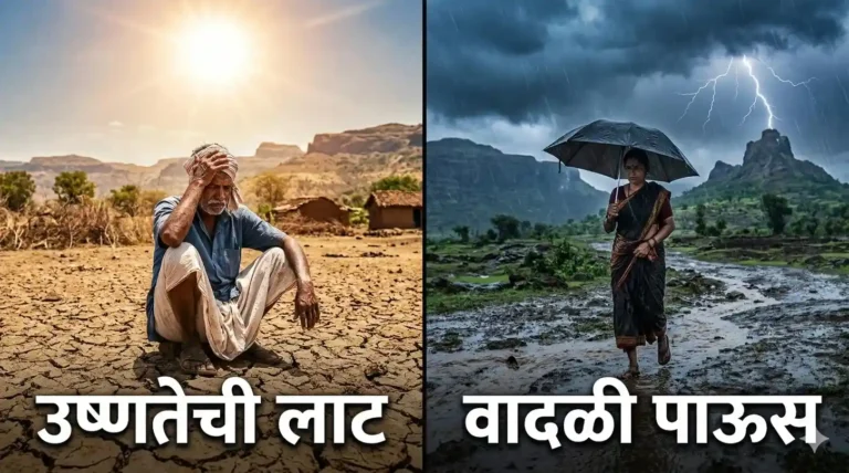 महाराष्ट्रातील हवामानाचा विरोधाभास: एका बाजूला कडक ऊन आणि दुसऱ्या बाजूला वादळी पाऊस दर्शवणारे नाट्यमय चित्र. (हे गुगलला फोटो कशाबद्दल आहे ते समजण्यास मदत करते).